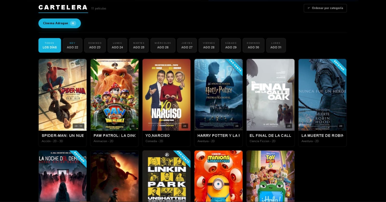 Cartelera personalizada de la nueva página web, con las películas en cartel y el selector de días.