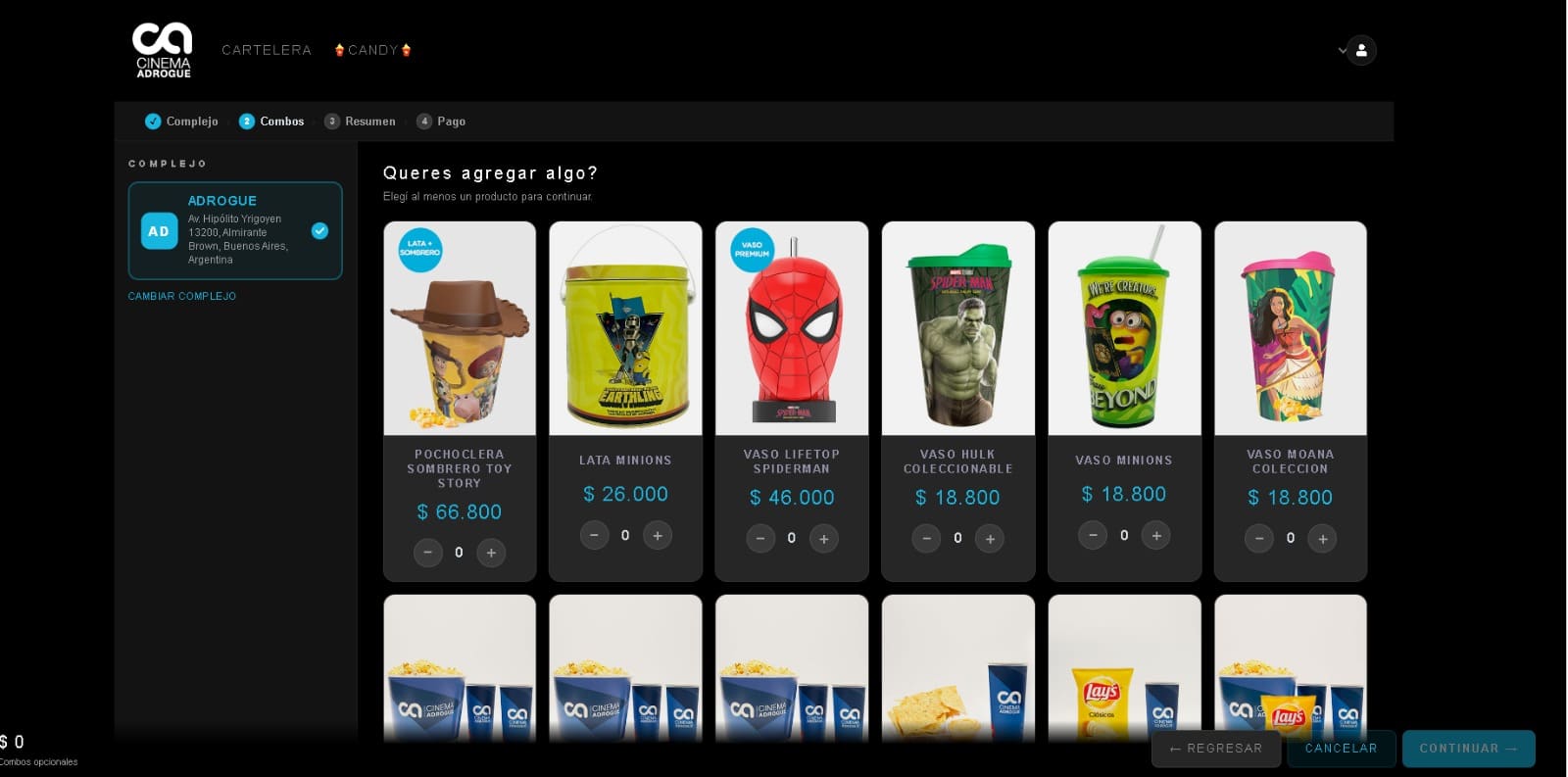 Compra de Candy independiente en la nueva web, con combos y productos disponibles sin comprar entradas.